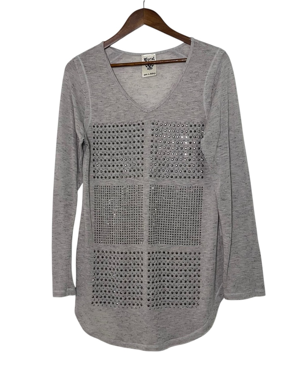 Vocal Y2K Indie Studded Long Sleeve Tunic Grey V-Neck Bling Top Size XL
